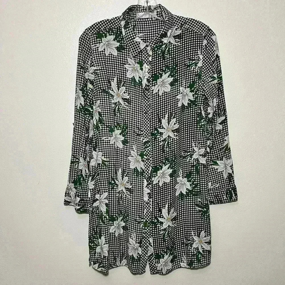 SOLITAIRE BY RAVI KHOSLA Floral Plaid Top | size large